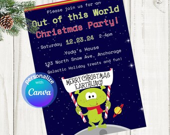 Invito per la festa di Natale con alieni, tema spaziale, modificabile su Canva (5x7)
