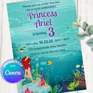 Editable Little Mermaid Birthday Invitation Template, Under the Sea Birthday Invitation,  Mermaid Invitation, Princess Ariel, Canva Template