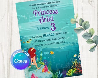 Invito di compleanno a tema Sirenetta, tema Sottomarino (modello Canva)