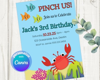 Invito di compleanno a tema granchio, festa in spiaggia sull'oceano (Canva modificabile, download digitale)