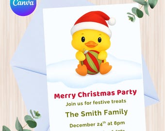Invito alla festa di Natale Little Ducky, modello Canva modificabile (5x7)