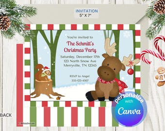 Invito per la festa di Natale a tema alce e scoiattolo del bosco, 5x7 Canva (download digitale)