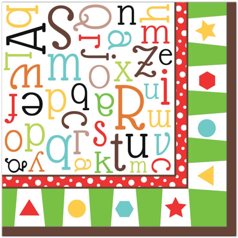 ABC Party Paper Napkins Alphabet Lunch Napkins ABC Birthday 1st Birthday A-Z Preschool Party Zoo Animals 16 Count Baby Shower 6.5