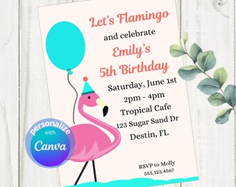 Modello modificabile per invito di compleanno a tema fenicottero, festa tropicale con fenicotteri (Canva)