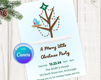Invito per la festa di Natale Little Blue Bird, 5x7 Canva (download digitale)