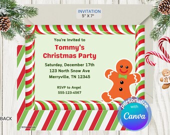 Invito per la festa di Natale a forma di omino di pan di zenzero, tema caramelle (Canva 5x7, download digitale)