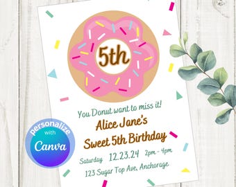 Invito di compleanno a forma di ciambella, modello Canva modificabile (download digitale)