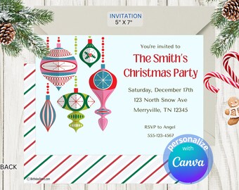Invito per la festa di Natale con ornamenti retrò, 5x7 Canva (download digitale)