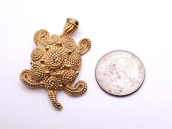 Vintage Gold Filigree Turtle with Emerald Green E… - image 2