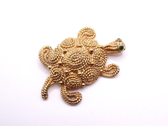 Vintage Gold Filigree Turtle with Emerald Green E… - image 1
