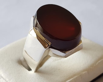 Yemeni Aqeeq Ring for Men: Natural Agate, 925 Sterling Silver