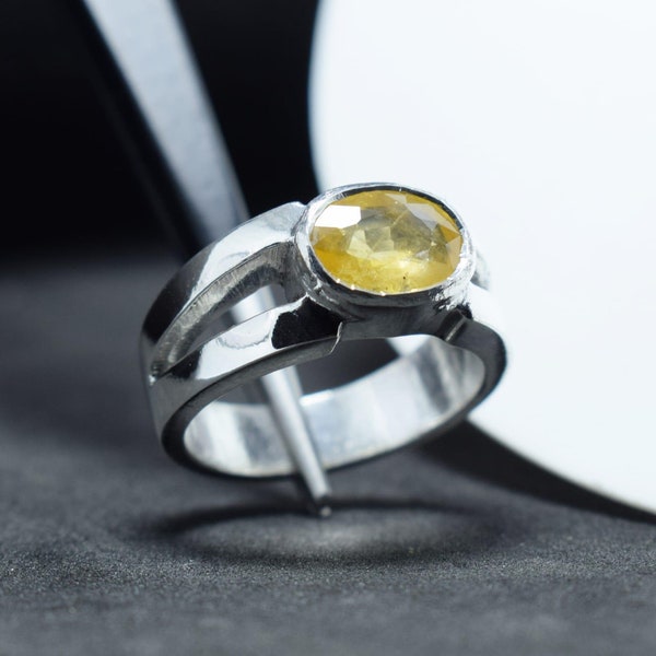 Handgemaakte ring met gele saffier: 925 sterlingzilver, natuurlijke edelsteen