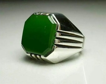 Aqeeq verde natural para homens, pedra aqeeq, anéis de pedra aqeeq iemenita, anéis islâmicos para homens, anéis de ágata natural, joias artesanais de prata esterlina 925