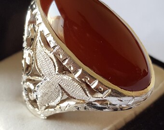 Yemeni Aqeeq Ring for Men: Natural Agate, 925 Sterling Silver
