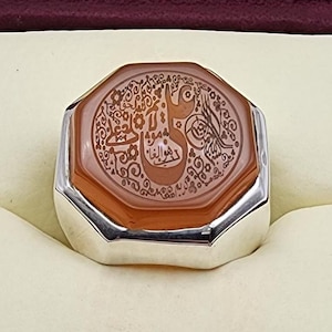 Aqeeq-ring voor mannen met de hand gesneden echte Yamani Akik-steen handgemaakte 925 sterlingzilveren Ya Ali aqeeq-steen in sterlingzilveren ring met de hand gesneden