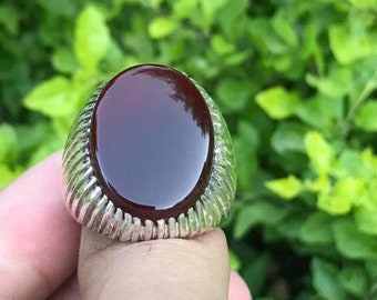 Handcrafted Sterling Silver 925 Yemeni Aqeeq Ring - Brown Agate Stone