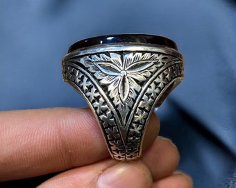 Schwarz Aqeeq Herren Stein Ahlul Bayt Jemen Aqeeq Stein Islamische Ringe Männer Natürliche Achat ringe 925 Sterling Silber handgemachten Schmuck