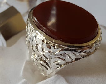 Yemeni Aqeeq Ring for Men: Natural Agate, 925 Sterling Silver