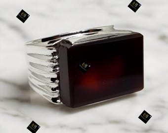 Yemeni Aqeeq Ring for Men: Natural Agate, 925 Sterling Silver