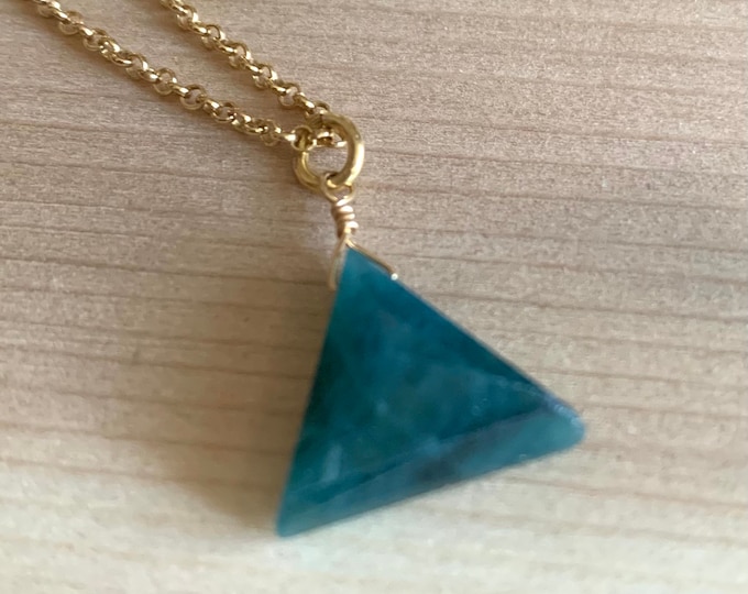 Rare Grandidierite faceted triangular pendant necklace on gold filled rolo chain, layering necklace