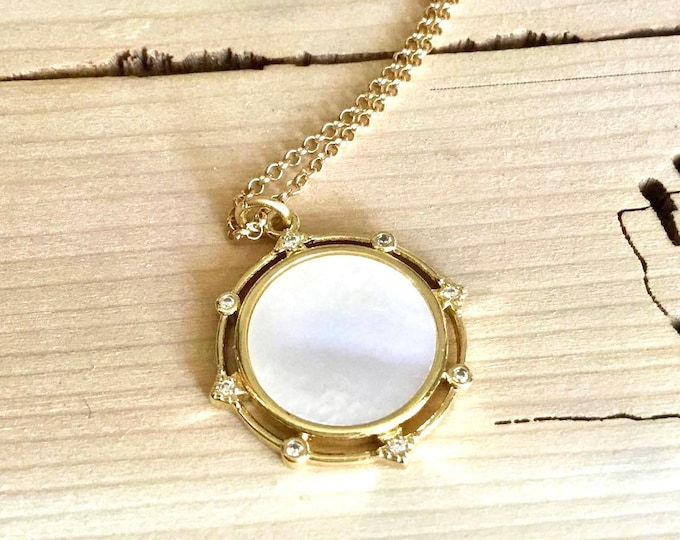 Mother of pearl gold filled medallion pendant necklace with cz on gold rolo chain, layering necklace