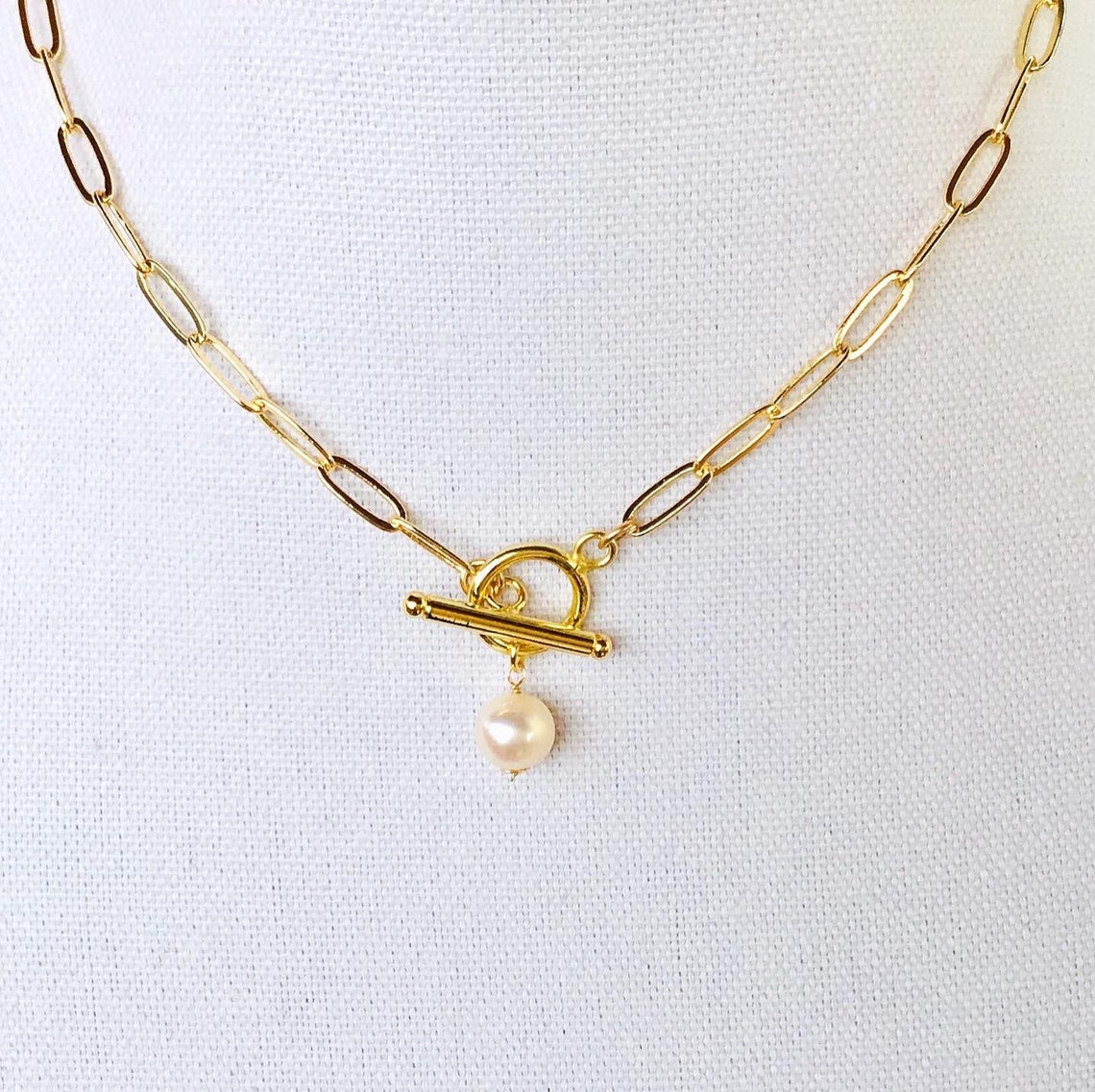 14k gold paperclip chain necklace freshwater pearl pendant Etsy