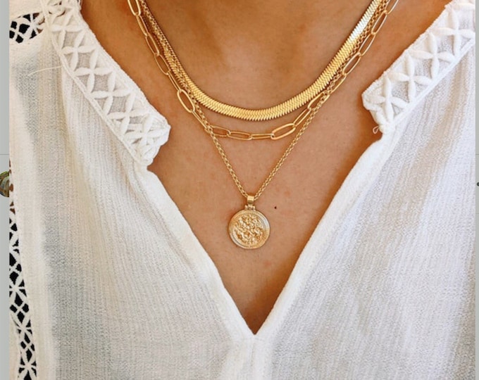 18k gold filled Coin medallion pendant necklace on gold rolo chain, layering necklace