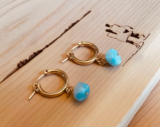 Larimar earrings on thick gold filled hoop earrings, minimalistic