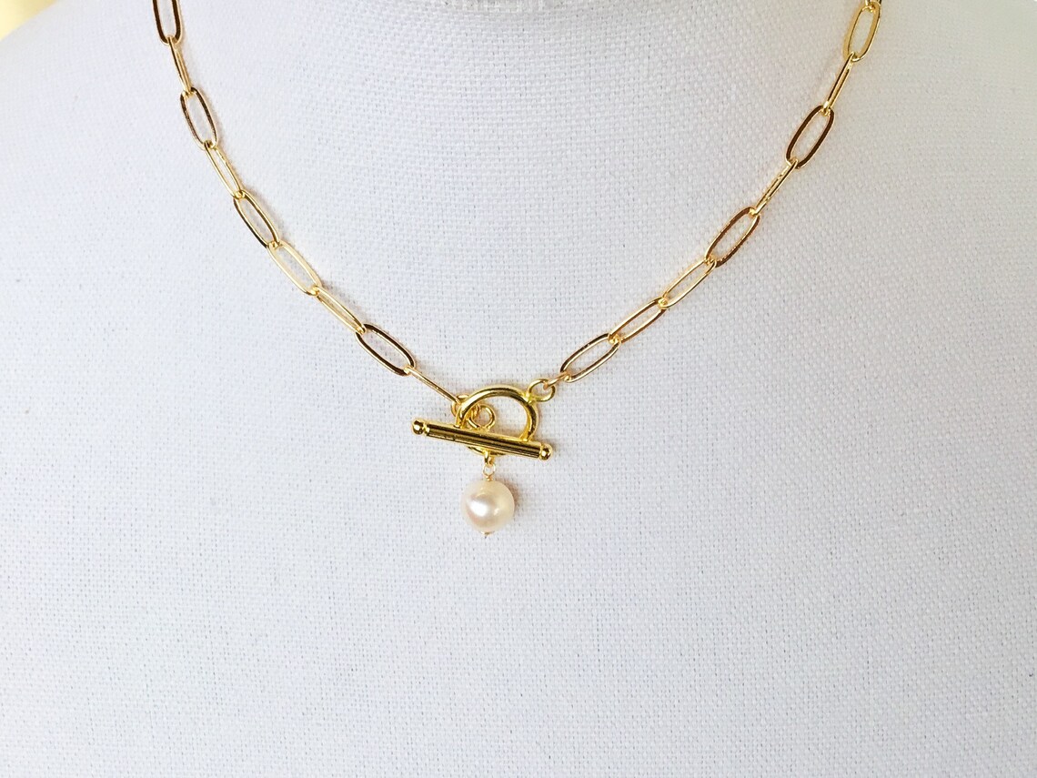 14k gold paperclip chain necklace freshwater pearl pendant Etsy