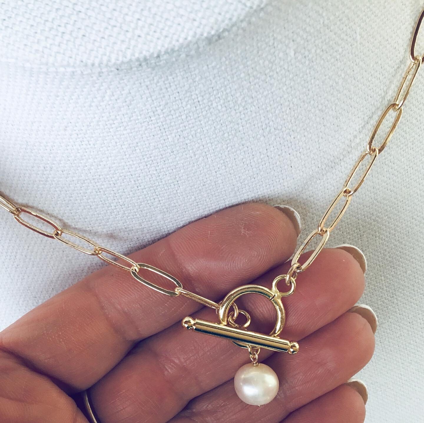 14k gold paperclip chain necklace freshwater pearl pendant Etsy