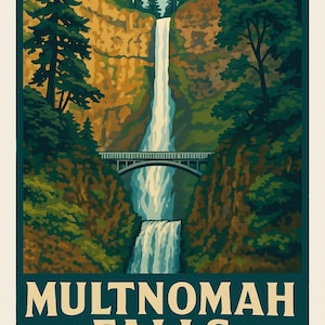 Multnomah Falls Oregon Vintage Poster – Digital Art Print from My 2017 Photograph – Instant Download Travel Wall Decor