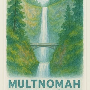 Multnomah Falls Oregon Watercolor-Style Digital Art – Printable Travel Poster from Original 2017 Photo – Instant Download Wall Decor