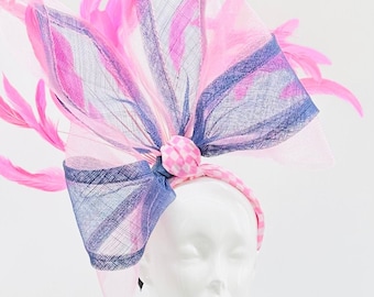 Navy Sinamay Bow, pink Kentucky Derby Fascinator, Oaks, Thurby, headpiece, derby hat Kentucky Derby Hat Alternative, Floral Fascinator