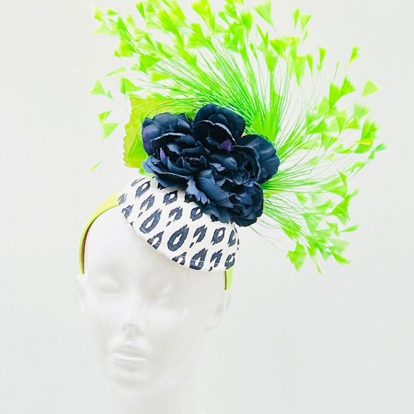 Navy and lime green Kentucky Derby Fascinator, Oaks, Thurby, headpiece, derby hat Kentucky Derby Hat Alternative, Floral Fascinator