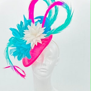 Turquoise aqua blue and hot pink Kentucky Derby Fascinator, (GOLD LINE)