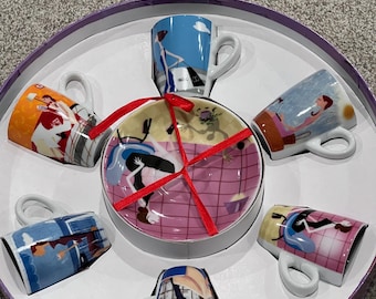 Demitasse Espresso Tea Coffee Cups and Saucers with Stylish Modern Women Graphics