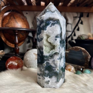 Lg Crystal Moss Agate Tower