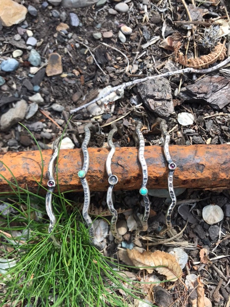 hammered Stacking sterling silver wave bracelet with natural garnet everyday jewelry kingman turquoise artisan labradorite handmade,