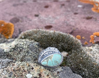 Turquoise mountain Feather ring, natural usa turquoise, sterling silver hand cut details size 7.75, handmade wearable art, one of a kind