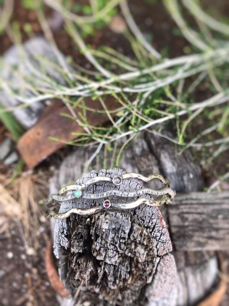 hammered Stacking sterling silver wave bracelet with natural garnet everyday jewelry kingman turquoise artisan labradorite handmade,