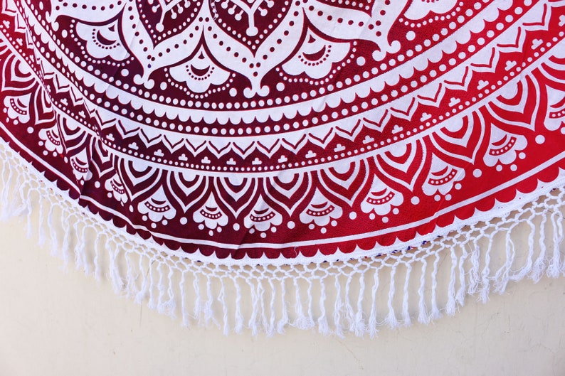 Pink White Ombre Indian Printed Mandala Round Table Cloth Beach Blanket Beach Hippie Mandala Bohemian Tapestry Yoga Mat Beach With Tassels