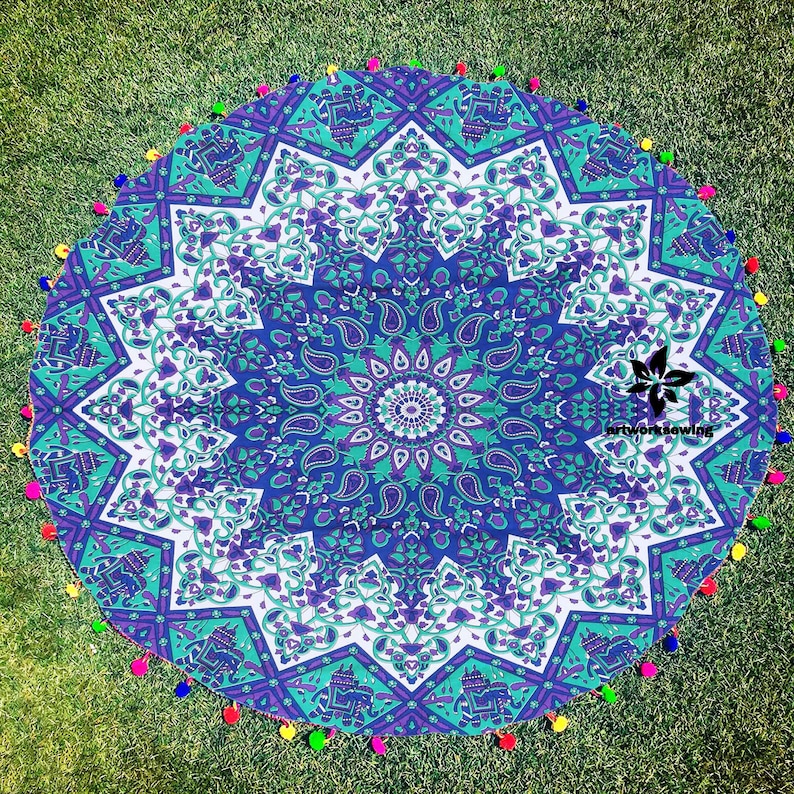Indian Elephant Mandala Round Roundie Beach Throw Towel Hippie Yoga Mat Pom Pom