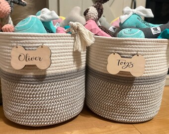 Personalized Cotton Rope Dog Toy Basket: Gray & Off White