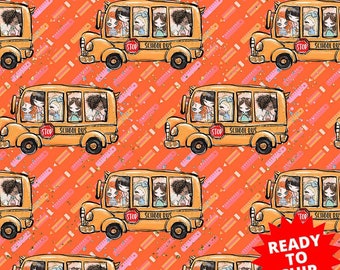 Cotton Random Thoughts Yellow Orange School Buses White Letters Designs Black Cotton Fabric Print by The Yard D764.28