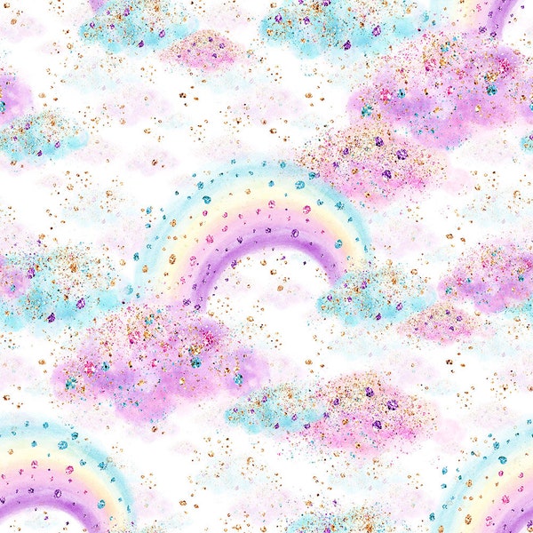 unicorn fabric, printed glitter fabric unicorn rainbow fabric, cotton fabric, organic cotton, jersey fabric, quilting fabric, fabric by yard