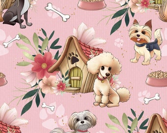 Dog fabric, poodle fabric, knit fabric, cotton fabric, dog house, pets fabric, cute dogs, Dachshund fabric, Pomeranian fabric, puppies