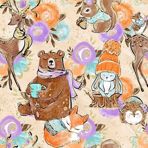 Woodland fabric- deer fabric- bear fabric- fall fabric- knit fabric- crib sheet- cotton fabric- woodland animal  floral fabric woodland