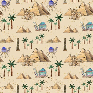 Desert scene fabric, Egypt fabric, Egyptian fabric, Sarcophagus fabric, Sphinx fabric, Pyramids fabric, Camels fabric, Desert fabric,