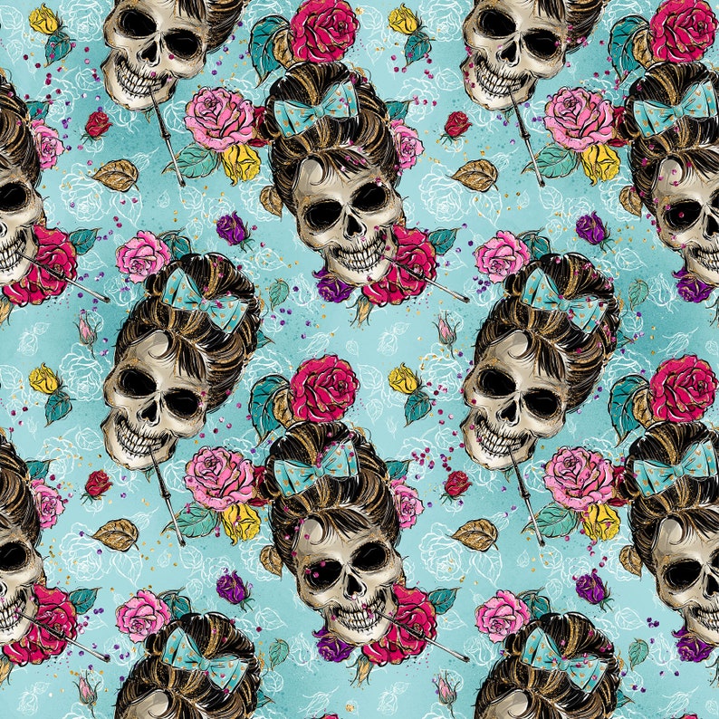 Mickey skull Audrey Hepburn fabric cotton by the yard knit by the yard Audrey Hepburn Hollywood skulls Halloween fabric Floral skulls