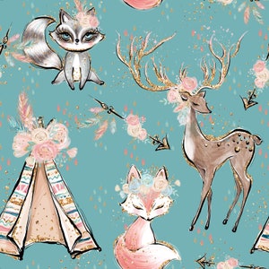 Teepee fabric woodland fabric deer fabric cotton fabric floral fabric boho fabric boho print cotton by the yard aztec fabric Knit boho suede